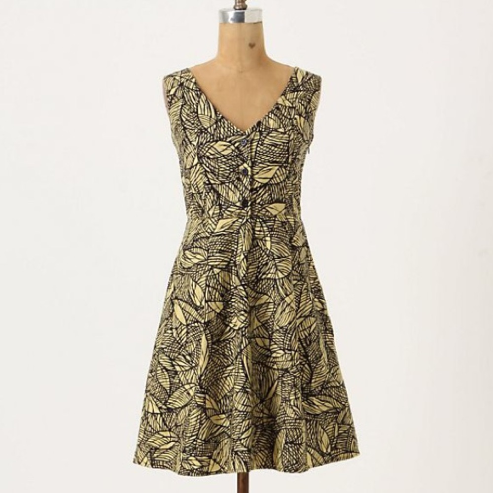 Anthropologie Leaf Print Gold and Black Dress